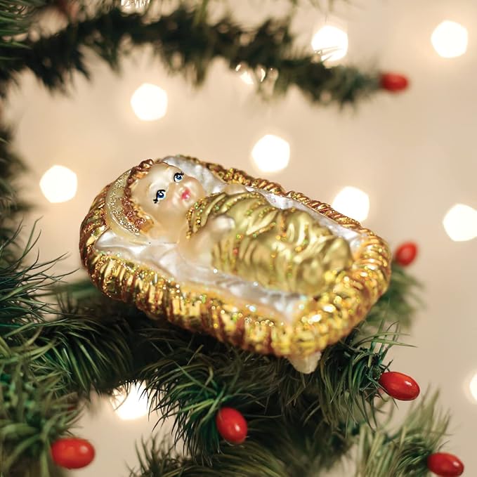 Old World Christmas Baby Jesus in Manger Glass Blown Ornament for Christmas Tree, Handcrafted Holiday Decoration, Religion Collection
