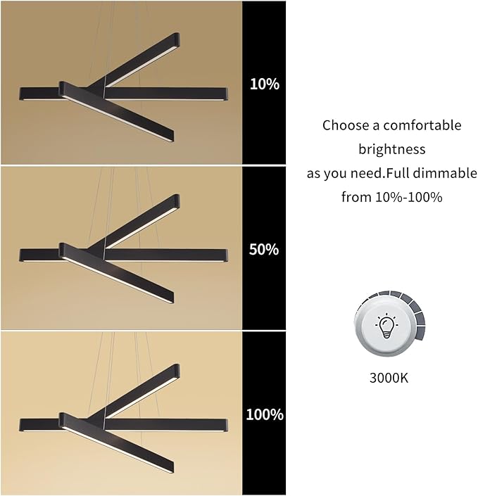 3-Light Solid Wood Black Linear Pendant Light - Dimmable Modern LED Chandelier for Dining Room Table Kitchen Island Living Room Ceiling - 45W Warm Light Adjustable Hanging Fixture Black