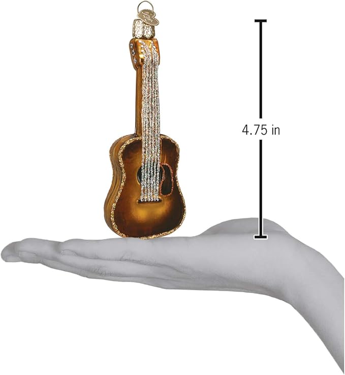Old World Christmas Glitter Brown Guitar Glass Blown Ornament for Christmas Tree, Handcrafted Holiday Decoration, Music Collection