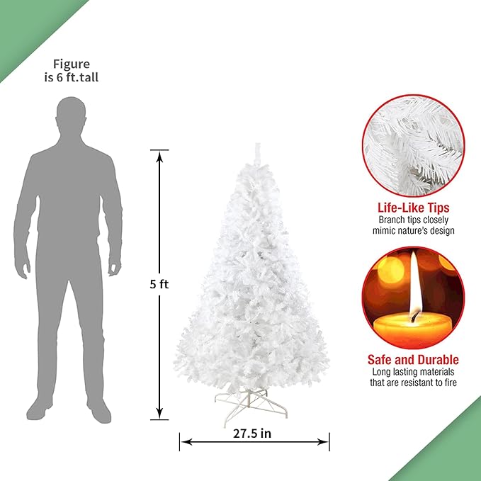 5FT Artificial Christmas Tree, Full Premium Hinged Artificial Pine Tree with 450 Branch Tips Metal Stand for Outdoor & Indoor (White)