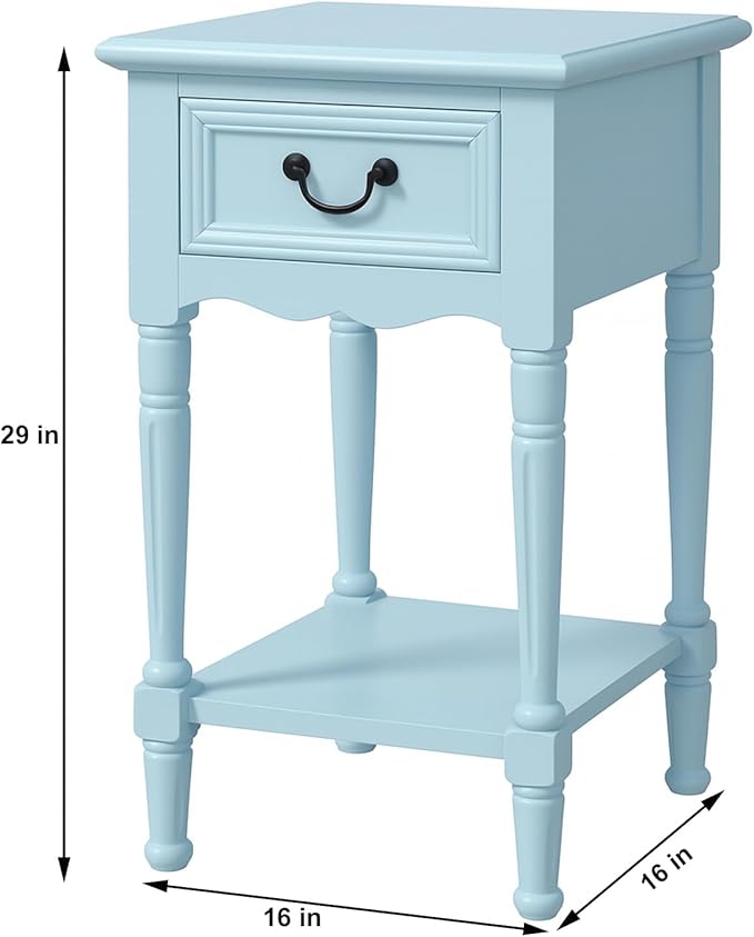 Urban Designs Wooden Accent Table/Nightstand with Drawer and Bottom Shelf – 29" H, 16" L x 16" W - Light Blue