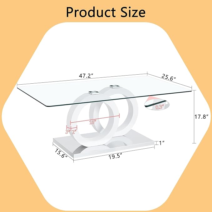 Modern Glass Coffee Table, 47” White Rectangular Coffee Table for Living Room, Clear Center Table with Tempered Glass Top and Glossy White Base