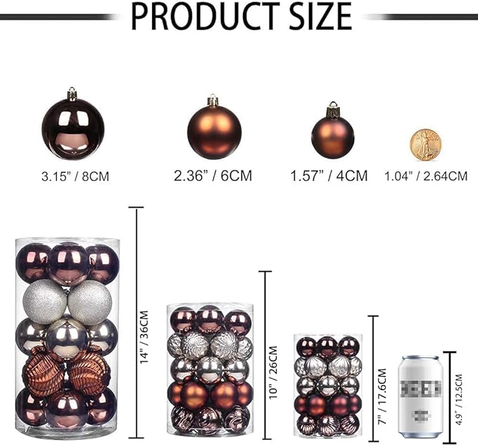 XmasExp 24ct Christmas Ball Ornaments Shatterproof Xmas Tree Hanging Balls Decorations Perfect for Holiday Wedding Christmas Decor(2.36"/60mm, Brown and Champagne)