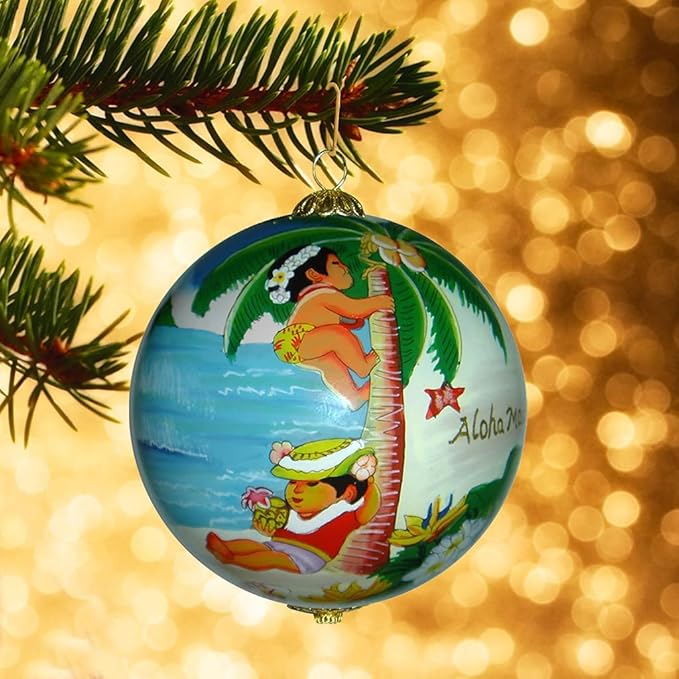 Adorable Hula Kids Collectible Ornament Aloha Kauai Hand Painted Glass with Gift Box CP/K