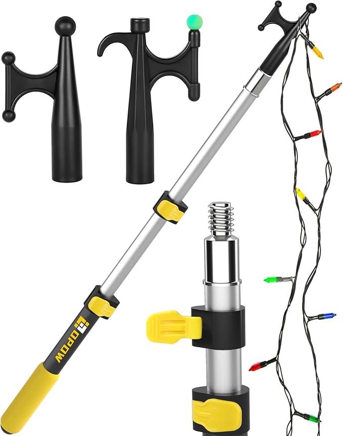 3FT Extension Pole with Utility Hook, Christmas Light Hanger Tool Attachment Screw On Pole Attachment Fits on 3/4 inch Acme Thread for Multi-Purpose Light Installation, String Lights, Birdfeeders
