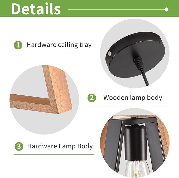 2 Pack Kitchen Island Pendant Lights, Black Industrial Metal and Vintage Wood Hanging Light, Mini Farmhouse Chandelier, Adjustable Height Rustic Ceiling Lamp for Entryway, Dining Room, Foyer