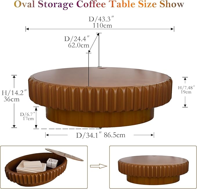 43.3" Oval Drum Coffee Table with Storage Retro Rustic Center Tables - Solid Wood Handcrafted Relief Veneer for Farmhouse Apartment (C Oval 43.3in)