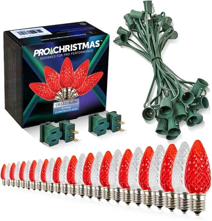 Pro Christmas C9 LED Christmas Light Kit for Rooflines & Pathways – DIY Cut to Length, Outdoor Commercial Grade (Green Wire w/Vampire Plugs, 25 Bulbs, 25 ft) Pure White and Red