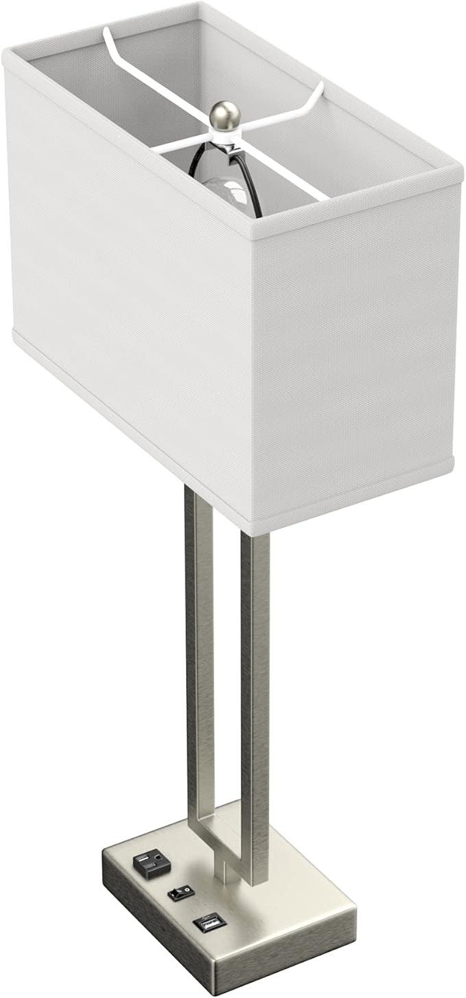 LEDMyPlace 28" Bedside Table Lamp w/ USB Port, On/Off Switch—E26 Lamp Holder—Brushed Nickel Finish & Fabric Linen Shade—Nightstand, Desk Lamp for Bedroom, Living Room, Office, Hotel Room—14"Wx28"Hx7"D