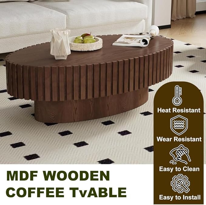 Oval Drum Coffee Table 43.3" Wooden Coffee Tables Modern Handcrafted Fluted Drum Center Table Farmhouse Tea Table with Pedestal for Living Room Small Space,Oval Brown 43.3"