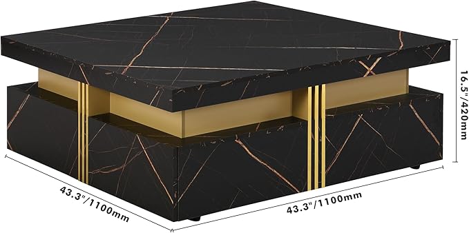 Merax 43.3" Modern Square Storage Coffee Table with 4 Drawers, with Marbling Gold Accents, Functional Center Tables for Living Room Apartment, Black