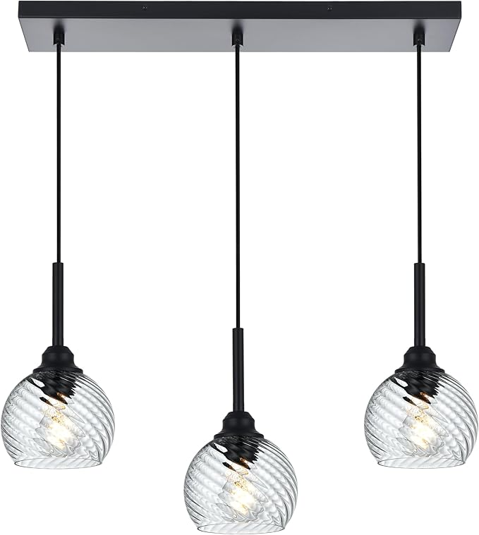 3 Light Linear Island Lights with Striped Swirl Globe Glass, Black Kitchen Hanging Pendant Light Fixture Farmhouse Chandelier for Dining Room Bar Living Room