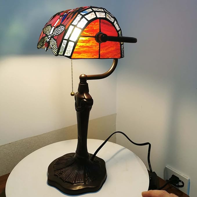 Bieye L10057 Dragonfly Tiffany Style Stained Glass Bankers Desk Lamp Table Lamp for Reading Working Home Decoration, 10" W x 16" H (Red)