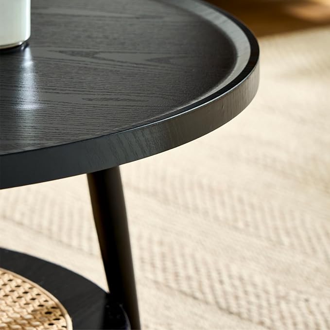 Saint Mossi Modern Coffee Table for Living Room, Mid-Century Round Wood Coffee Table, 2-Tier Boho Center Table for Small Space, Black Wood and Rattan Top,
