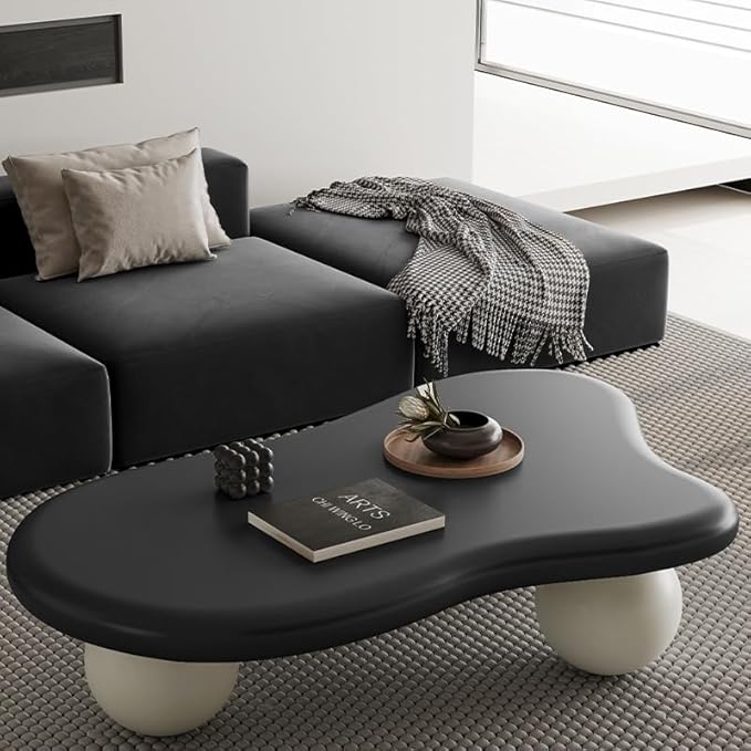 47.2” Cloud Coffee Table with 3 Ball Legs, Modern Lrregular Center Table for Living Room, Low Cute Small MDF Tea Table for Bedroom, Space Apartment-Black White