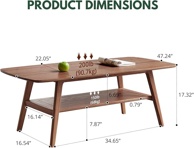 Mid Century Modern Coffee Table: 100% Solid Wood Coffee Table - 2-Tier Storage Design - Practical Coffee Tables for Living Room, Apartment, Easy Assembly (Walnut, 47.24")