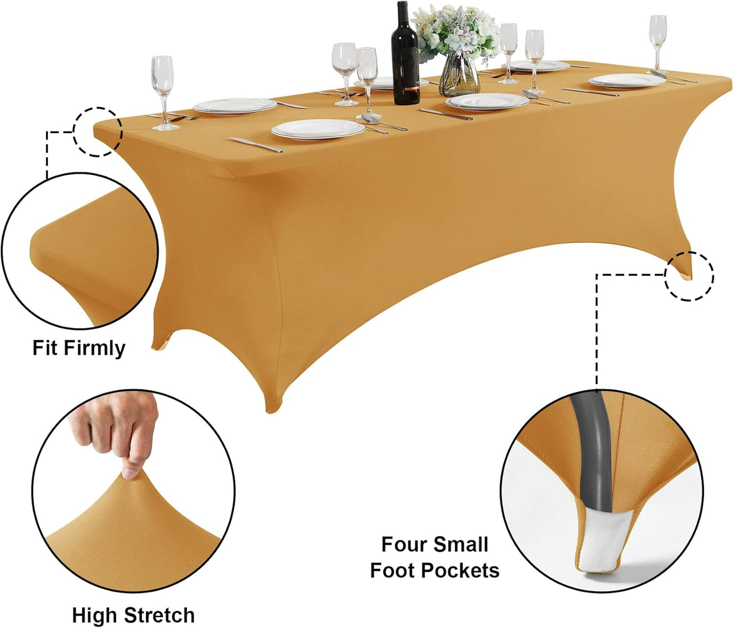 SuperO Waterproof Spandex Table Cover for 6FT Table Universal Fitted Stretch Tablecloth for Party, Banquet, Wedding and Events-Gold