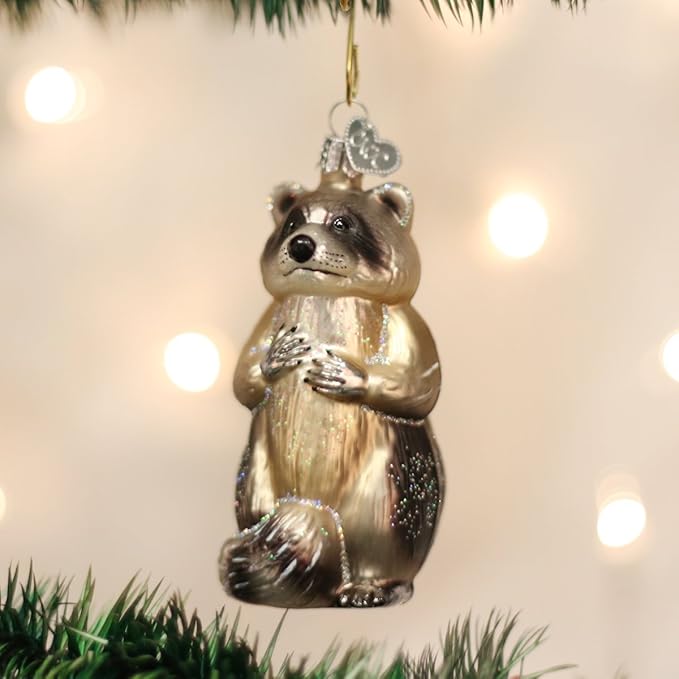 Old World Christmas Raccoon Glass Blown Ornament for Christmas Tree, Handcrafted Holiday Decoration, Wildlife Animal Collection