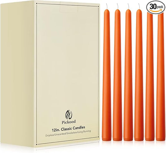 12-Inch Tall Unscented Dripless Taper Candles Bulk 30 Pack - Orange Taper Candles Bulk, Perfect for Wedding, Dinner - Smokeless, 8-10 Hour Long Burning - Colored Candlesticks Bulk - Orange