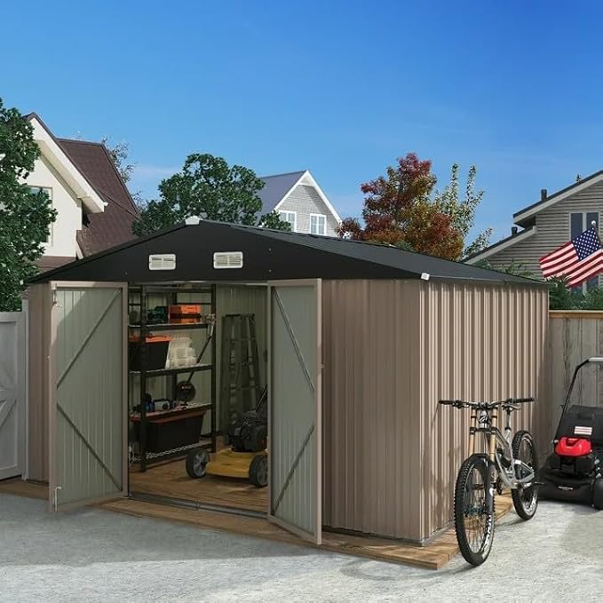 Greesum 10×10 FT Outdoor Storage Shed, Metal Storaged Sheds Without Floor, Tool Sheds with Lockable Doors and Slooping Roof for Garden, Patio, Backyard, Brown