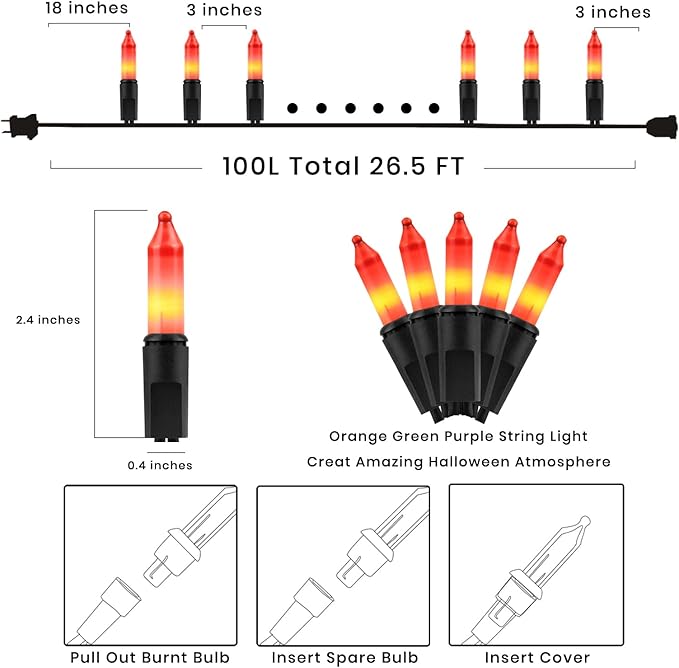 Orange Christmas Lights Mini String Lights– 100 Count Incandescent, 26.5ft Black Wire, UL Listed Connectable Pumpkin Lights for Porch, Patio, Fall Decor
