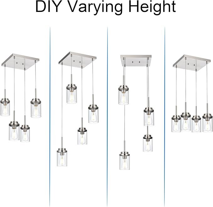 MELUCEE 4-Light Hanging Pendant Light Fixtures with Clear Glass Shade, Brushed Nickel Modern Chandelier Dining Room Light Fixtures Over Table Kitchen Island Lighting, Height Adjustable