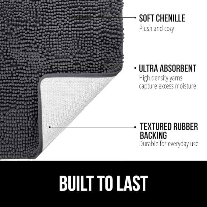 GORILLA GRIP Plush Absorbent Shaggy Chenille Bath Rug Mat for Square Toilet Base with Rubber Backing, Machine Washable Rugs, Soft Microfiber Contour Mats for Toilets, Bathroom Decor, Charcoal
