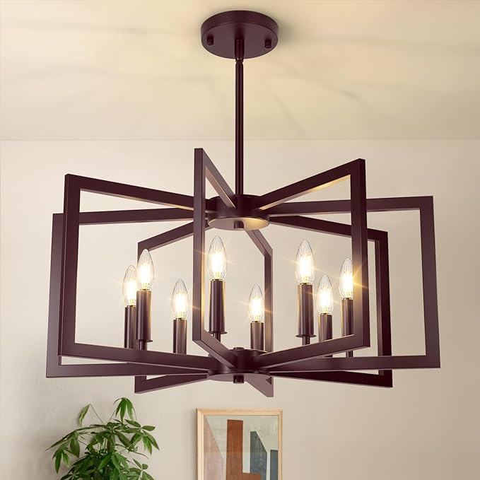 8-Light Oil-Rubbed Bronze Chandelier, Farmhouse Dining Room Light Fixture, Modern Chandelier, Geometric Industrial Metal Hang Lighting Fixture for Foyer Entryway Kitchen Over Table Hallway Living Room