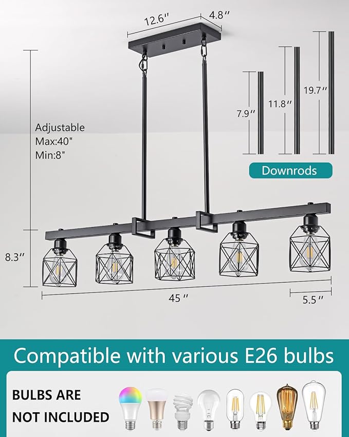 5-Light Farmhouse Kitchen Island Lighting Black Hardware and Black Metal cage Frame Design Rustic Vintage Pendant Ceiling Light Suitable for Dining Rooms and Living Rooms