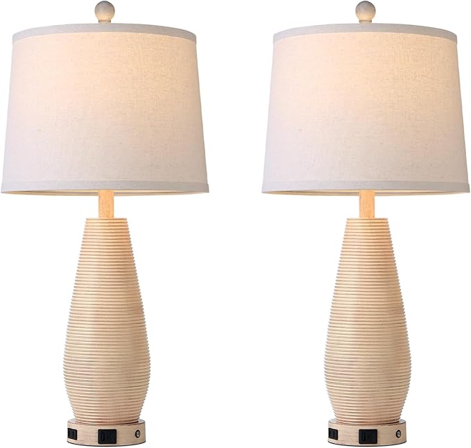 Farmhouse Table Lamps Set of 2 with USB C+A Ports and AC Outlet, 3 Way Touch Rustic Bedside Lamps for Living Room, 26.5" Cream Vintage Lamps for Bedroom Nightstand