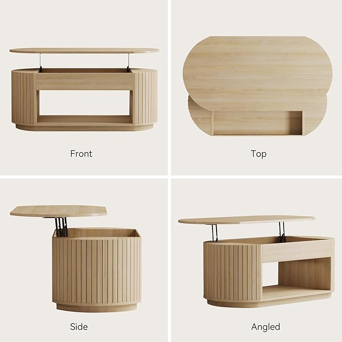 47-Inch Oval Lift Top Coffee Table with Storage Shelf for Living Room, Large Wooden Fluted Modern Center Table with 2 Tier Shelf, Modern Tea Tables with Hidden Compartment for Bedroom, Light Oak