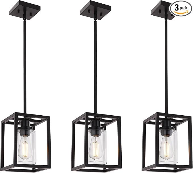 MELUCEE 3-Light Hanging Kitchen Lights Over Island with Clear Glass Shade, 3 Pack Black Small Chandelier Farmhouse Pendant Light for Kitchen Island Dining Room Hallway
