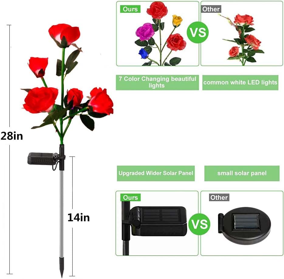 Solar Garden Decor Outdoor Lights, 4 Pack Waterproof Garden Lights for Outside, 16 Solar Rose, Multi-Color Changing Solar Flower Decor for Yard, Patio, Gifts for Women (7-Color Rose)