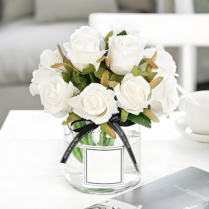 Jasion Artificial Roses Silk Flowers 12 Heads DIY Arrangement Bouquet for Home Office Parties Table Centerpieces Bridal Wedding Decoration Without Vase (Spring White)