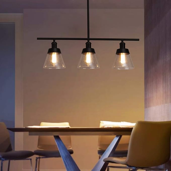 Fivess Lighting 3-Light Farmhouse Black Kitchen Island Lighting, Clear Seeded Glass Linear Chandelier, Adjustable Rods Industrial Rustic Pendant Light Fixture for Kitchen Island Dining Room