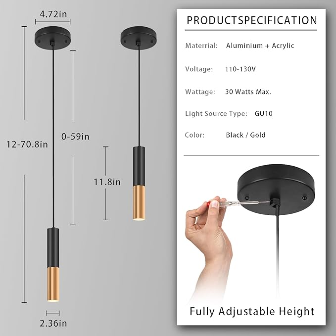 Simple and Modern Black Cylindrical Pendant, 1-Light Chandelier with Adjustable Rope, Matching GU10 Sockets for Living Room, Bedroom and Dining Room (Wide Beam Angle) (2 Pack)