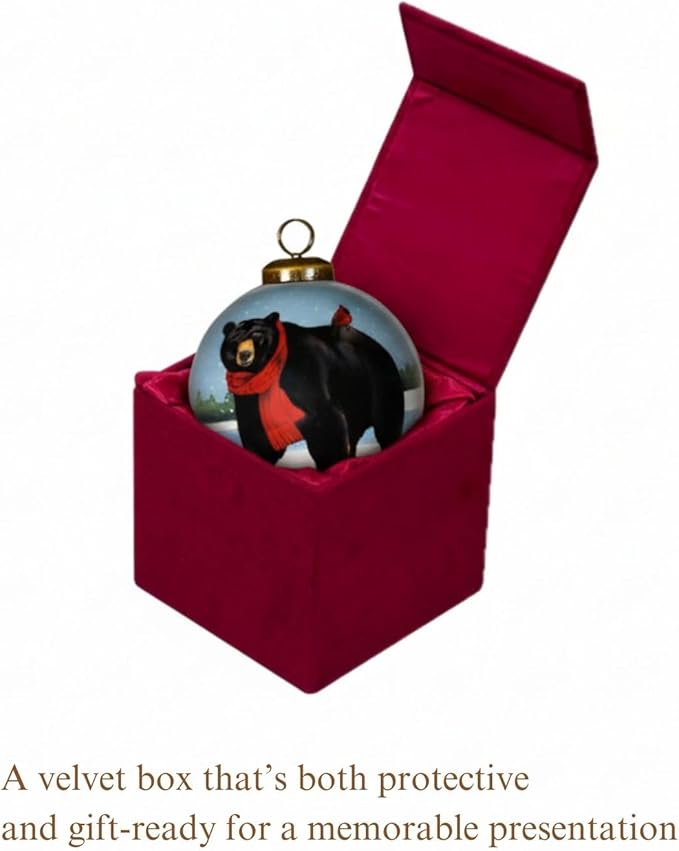 Black Bear Christmas Ornament with Red Scarf and Cardinal – Hand-Painted Glass Wildlife Ornament for Woodland Holiday Décor, Rustic Cabin Theme