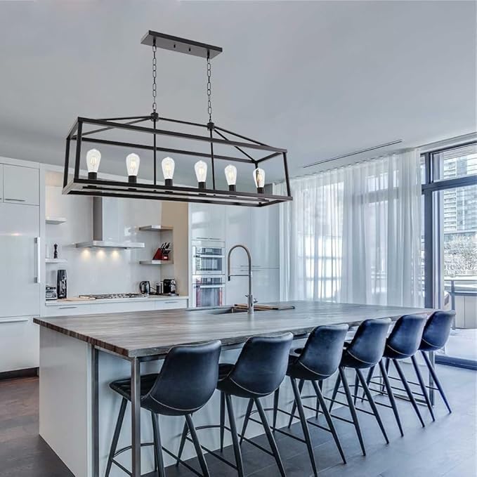BONLICHT Modern Rectangle Chandelier 6 Light Black Industrial Vintage Kitchen Island Lighting Fixture Hanging Pendant Lamp Farmhouse Metal Cage Ceiling Light Fixtures for Living Room Dining Room Foyer