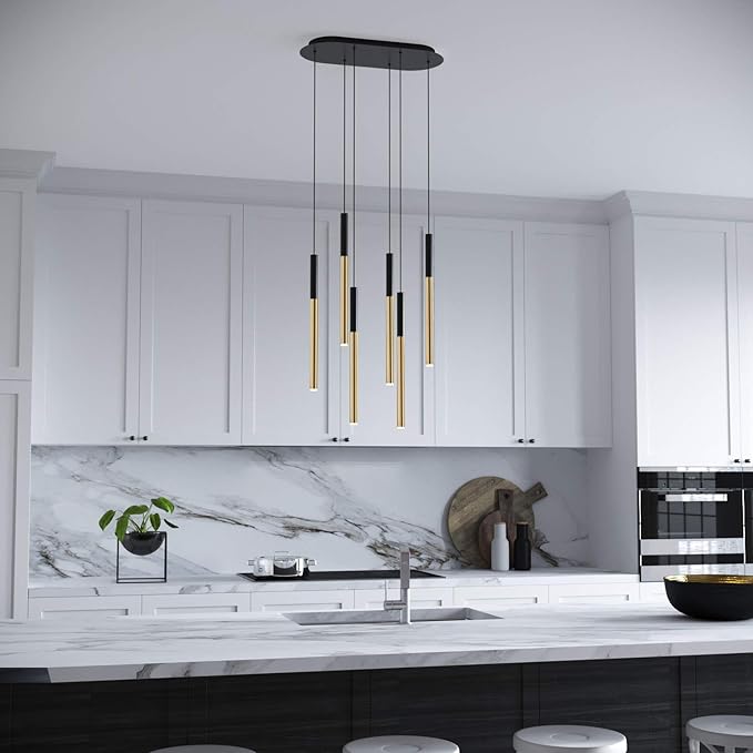 ALTAIR 6 Mini Pendant Lighting Black-Brass - LED Hanging Light Fixture for Kitchen Island, Bar, Foyer - Cluster Pendants - Dimmable, Adjustable Wire, Lamp Bulb Included
