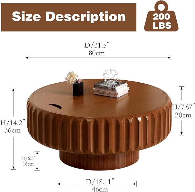 31.5in Drum Coffee Table with Storage Modern Unique Fluted Tea Table Contemporary Round Coffee Table with Fluted Center Table for Small Space Apartment(31.5in)