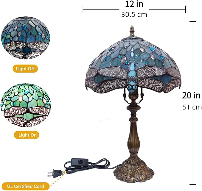 Tiffany Table Lamp,Sea Blue Dragonfly Style Stained Glass Lamp,12X12X20 Inch Decor Bedroom,Living Room Reading Tiffany Lamp,Include LED Bulb
