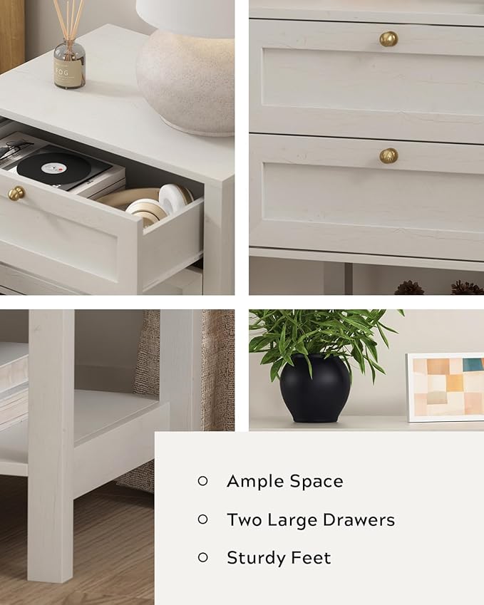 End Tables Set of 2 with 2 Drawers, Farmhouse Nightstand with Open Shelf, Modern Bedside Cabinet Side Table Night Stand for Bedroom, Living Room, Antique White