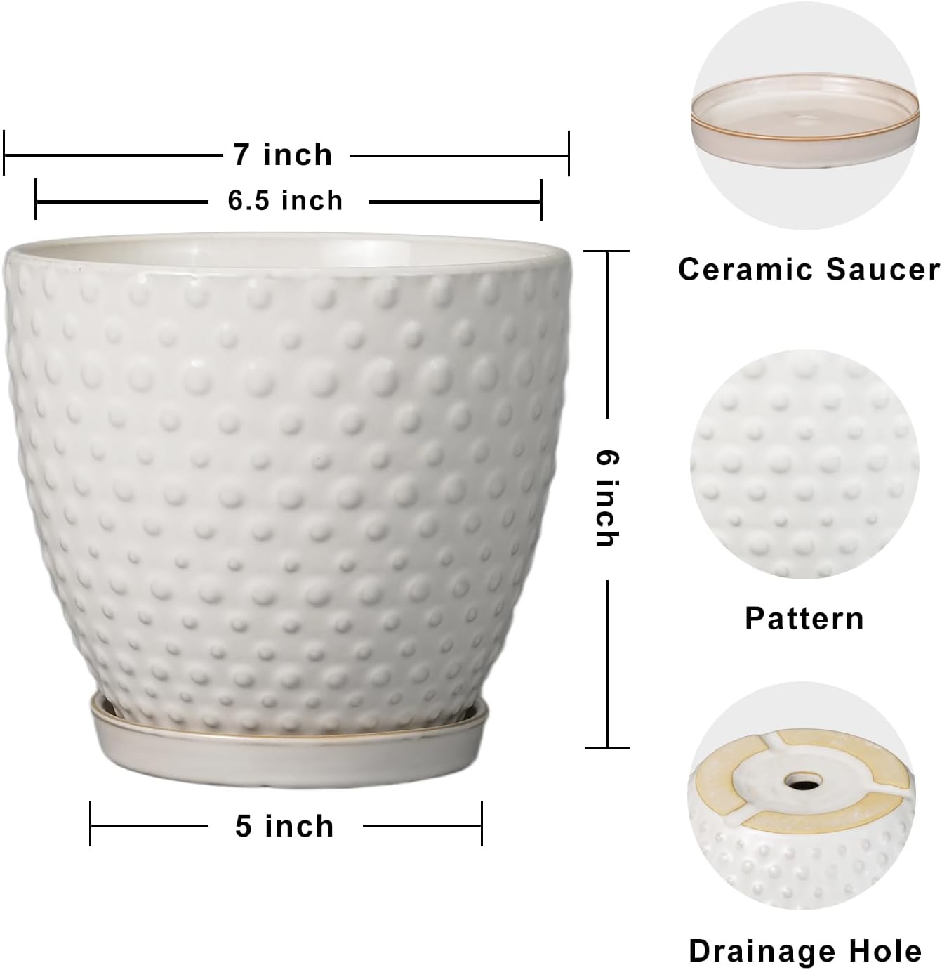 G EPGardening 6 Inch Ceramic Plant Pot with Drainage Hole and Saucer Round Planter Decorative Flower Plant Pot for Indoor Plants Outdoor White