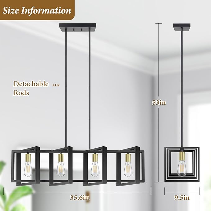 4-Light Dining Room Light Fixture, 53’’ Farmhouse Wood Chandelier Kitchen Island Lighting Over Table, Modern Black Gold Rectangular Hanging Pendant Light Fixture for Living Room, E26 Sockets