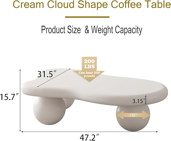 47.2” Cloud Coffee Table with 3 Ball Legs, Modern Lrregular Center Table for Living Room, Low Cute Small MDF Tea Table for Bedroom, Space Apartment-White