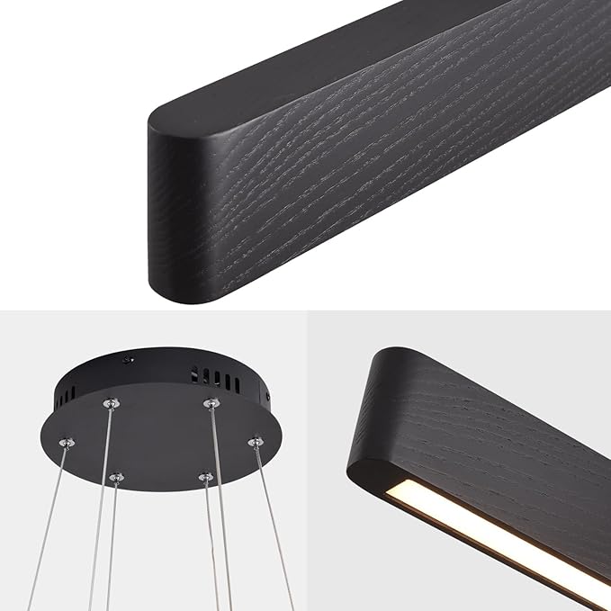 3-Light Solid Wood Black Linear Pendant Light - Dimmable Modern LED Chandelier for Dining Room Table Kitchen Island Living Room Ceiling - 45W Warm Light Adjustable Hanging Fixture Black