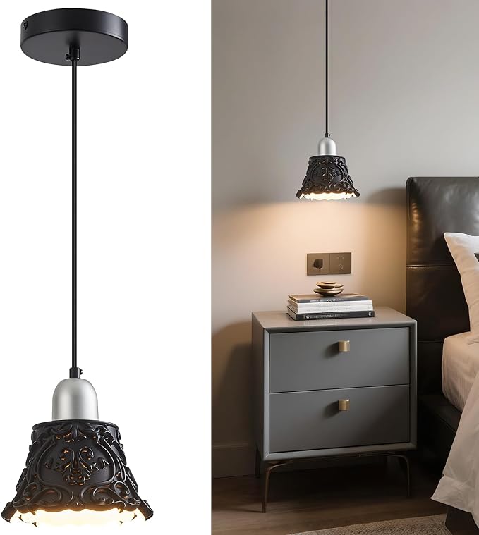 Black Pendant Lights for Kitchen Island, French Vintage Resin Ceiling Hanging Lights Mini Chrome Pendant Light Fixture for Dining Room Bedroom Hallway Bar