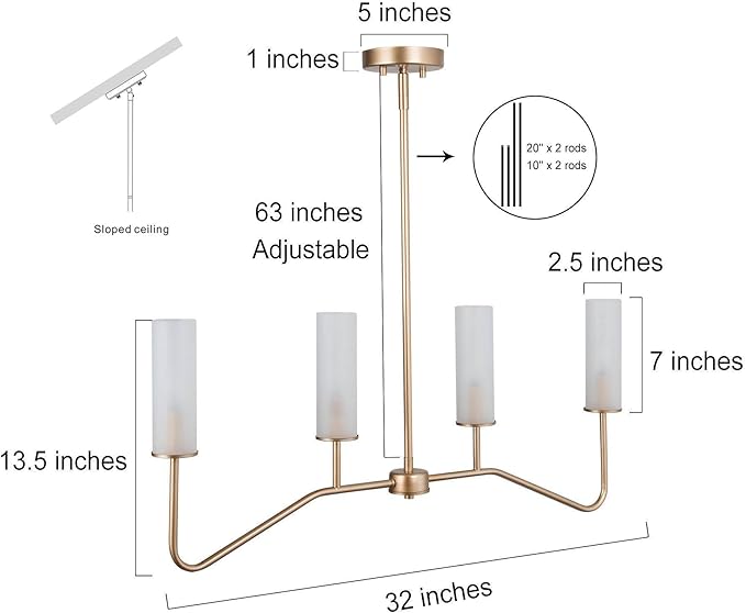 KSANA Gold Chandeliers for Dining Room, 4-Light Modern Pendant Light Fixtures, 32'' Linear Kitchen Island Lighting with Frosted Glass Shade