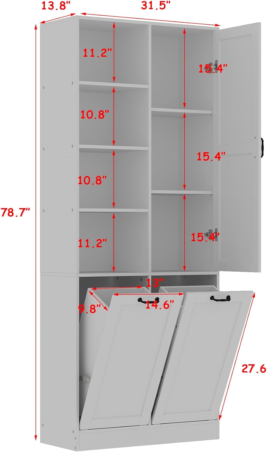 ECACAD Tall Bathroom Storage Cabinet with Shelves and Tilt-Out Laundry Hampers, Freestanding Floor Cabinet for Living Room, Bedroom & Kitchen, White (31.5”W x 13.8”D x 78.7”H)