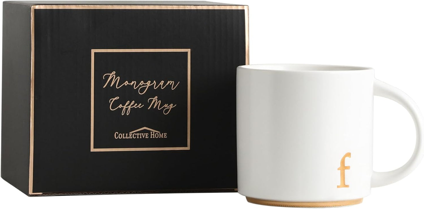 COLLECTIVE HOME - Monogram Ceramic Mugs, 15 oz Golden Initial Coffee Cups, Elegant Alphabet Tea Mugs, Elegant Personalized Mug with Gift Box, Luxurious Cups for Office and Home (f)
